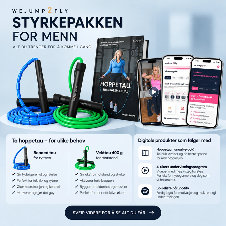Styrkepakken for menn med blått beaded tau, grønt vekttau 400 gram, hoppetaumanual og 4 ukers undervisningsprogram